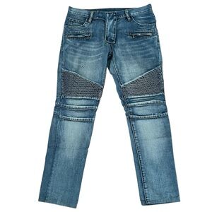Balmain Biker Jeans Men's 33X30 Blue Distressed Denim Trouser